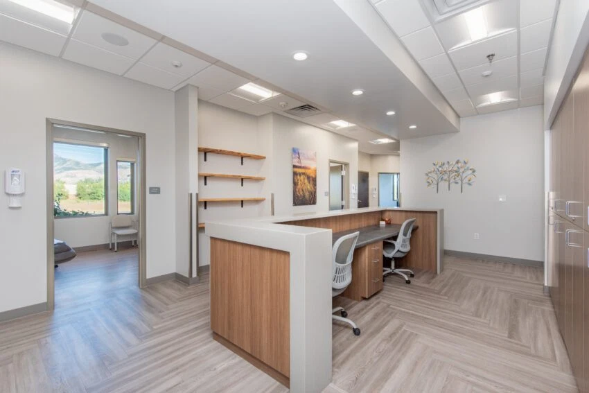 A bright, modern clinical workspace at our dermatology clinic in Farr West, Utah.